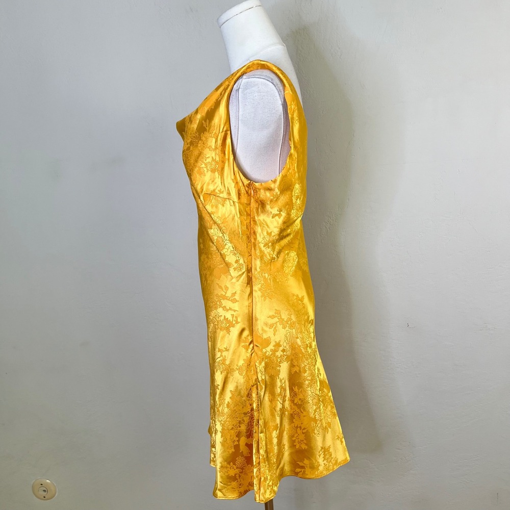 Lulus Mini Dress Size Large Yellow Floral Satin Jacquard Asymmetrical Shoulder - Picture 3 of 9